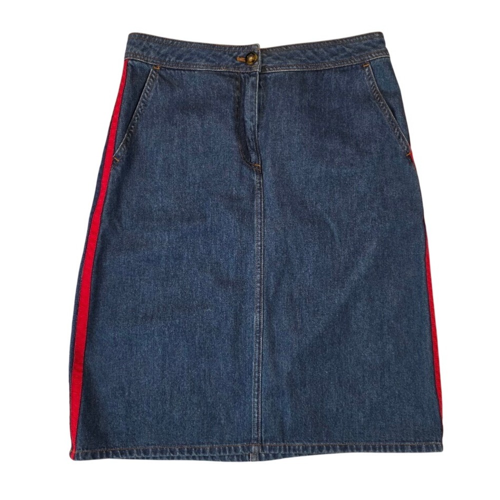 Boden Women's 4R Denim Skirt Blue Red Navy Side Stripe A-Line Knee Length T0216